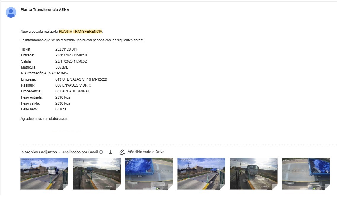 Email automático de notificación de pesada